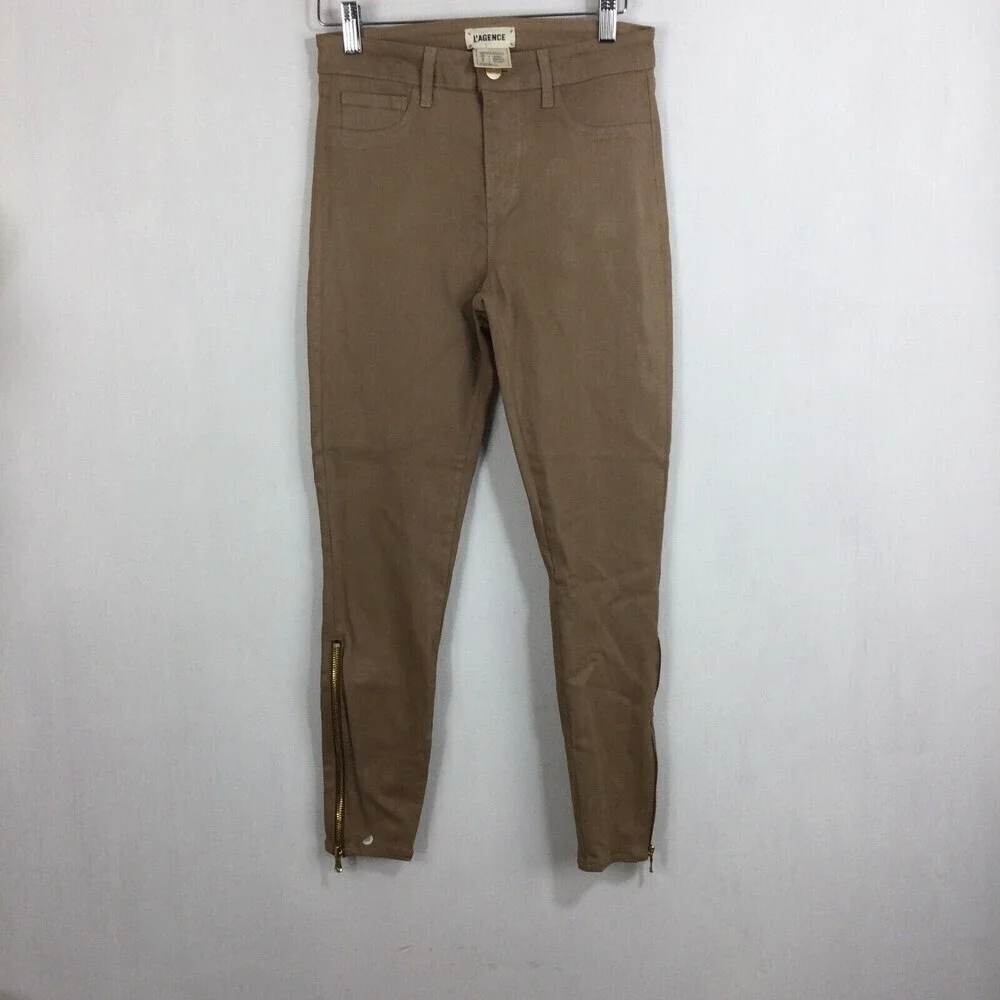 L'agence Womens Sabine Skinny  Maigre Cappuccino Coated Zip Ankle Jeans Brown 26